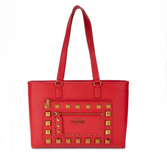 LOVE MOSCHINO red Tote with Gold Studded hardware and dust bag.NWT